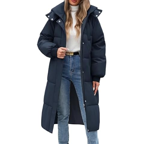 VXVGER Women Long Puffer Coat Winter Warm Hooded Jacket Long Sleeve Parka Full Length Down Coats With Zip,Navy blue,S Cover