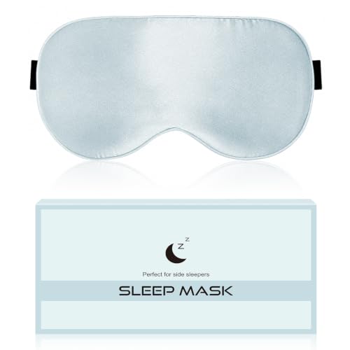Silk Sleep Mask for Women and Men - Soft Lightweight Breathable Organic Mulberry Silk Blackout Lightproof Eye Mask with Adjustable Straps No Pressure for Travel Office Nap and Gifts (Light Blue)