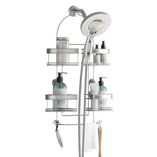 Zenna Home Rust-Resistant Hanging Shower Caddy for Handheld Shower Heads, Over the Shower Head Caddy with 2-Way Adjustable Baskets and Storage Hooks, Bathroom Hanging Organizer, Stainless Steel
