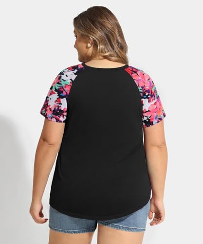 Image of CARCOS Plus Size Tops for Women Short Sleeve Raglan Striped Tee Color Block Crewneck /V Neck Tunic Loose Fit Summer XL-5XL