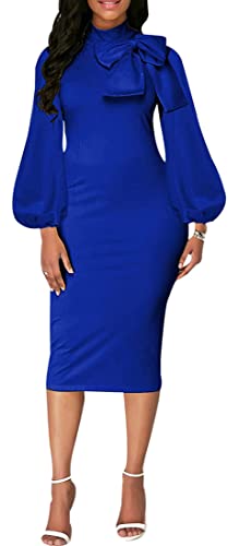 Image of Sexy Long Sleeve Dress for Women Solid Color Bow Knot Turtleneck Formal Gown Midi Casual Church Dresses