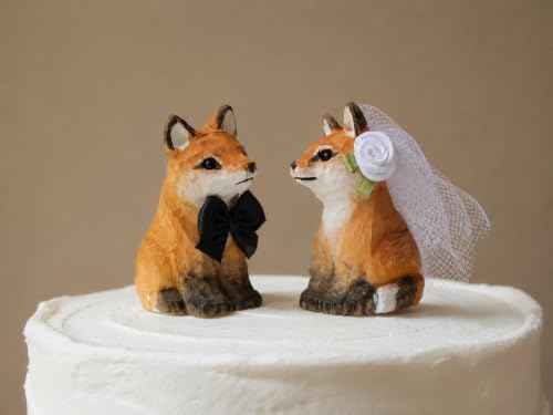 Fox Wedding Cake Topper Bride Groom Forest Engagement Anniversary Handmade Carved Wood Statue