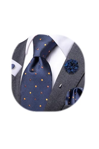 Image of Dubulle Mens Blue Orange Dots Tie and Lapel Pin Striped Floral Necktie for Men Pocket Square Cufflinks Wedding Party