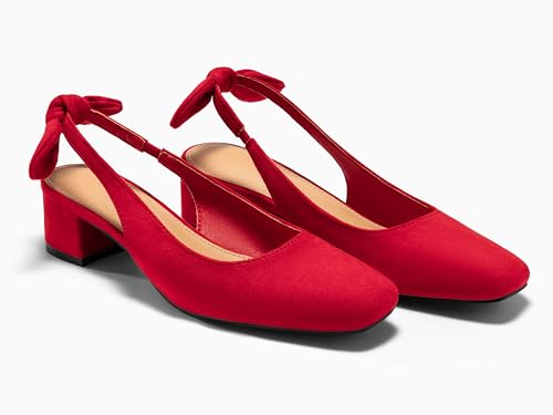 Image of Coutgo Womens Chunky Low Heels Bow Slingback Pumps Closed Square Toe Wedding Party Dress Shoes