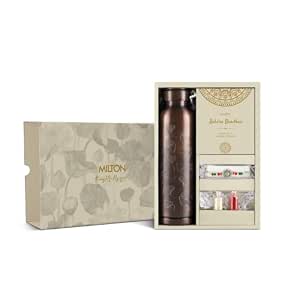MILTON Copper Bloom Raksha Bandhan Gift set comes with Swasth Water Bottle, 900 ml, Lacquer Coating, Curved bottle, 1 Pc Rakhi & Roli KumKum Chawal, Brother Sister Festive Gift Hamper, Copper Petals