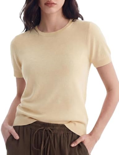 Women's Wool Blend Lightweight Short Sleeve Sweater Crew Neck Pul...