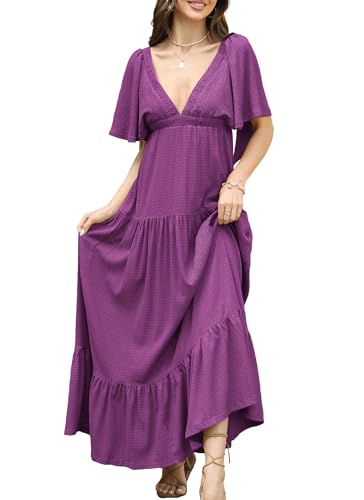 Image of Kikibell Women Summer Dresses Sexy V-Neck Maxi Dress Tiered Silhouette with Flutter Sleeve Backless Elastic Waist Flowy Dress