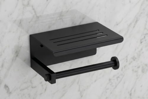 Image of Premium Stainless Steel Toilet Paper Holder with Storage Shelf | Matte Black Anti-Rust Bathroom Tissue Roll Dispenser | Wall Mounted Phone Holder & Organizer (Square BL44)