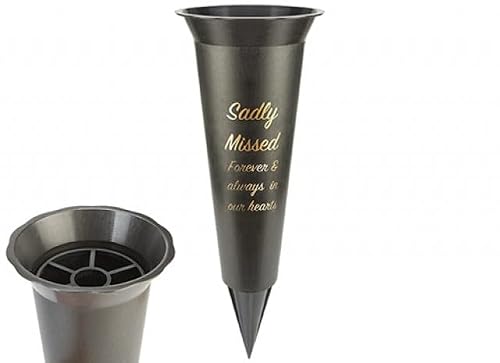 Memorial Grave Vase, Sadly Missed Forever & Always in Our Hearts, Black, Spike Base