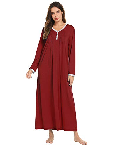 Ekouaer Long Nightgowns for Women Soft Lightweight Long Nightshirt Sleepwear Lounge-wear for Winter Wine red