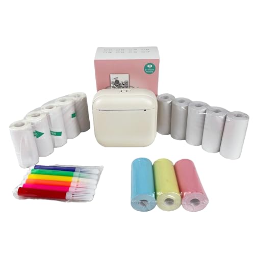 Portable Thermal mini Printer, Bluetooth Wireless inkless Label Printer, Comes with 13 Rolls of Paper and 6 Colored pens, Suitable for DIY Crafts, Diaries, scrapbooks, and Children's Gifts. (Beige)