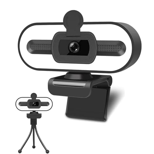 GKEAPZA Webcam con micrófono de luz en anillo – Cámara web streaming web, cámara web 1080P Full HD Pro para PC, Mac, portátil, escritorio, cámara web USB con cubierta de privacidad y trípode para