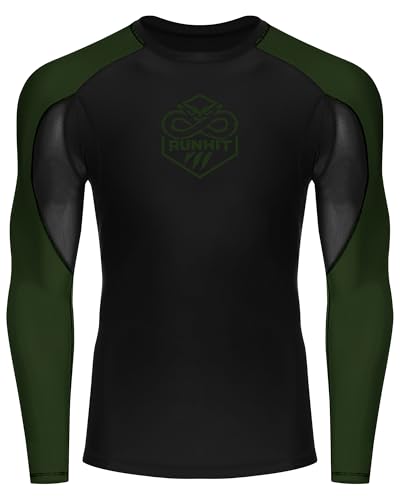 Runhit BJJ Rashguard for Men Jiu Jitsu Compression Shirts Long Sleeve MMA No GI Wrestling Grappling Martial Arts Sports Base Layer Army Green L