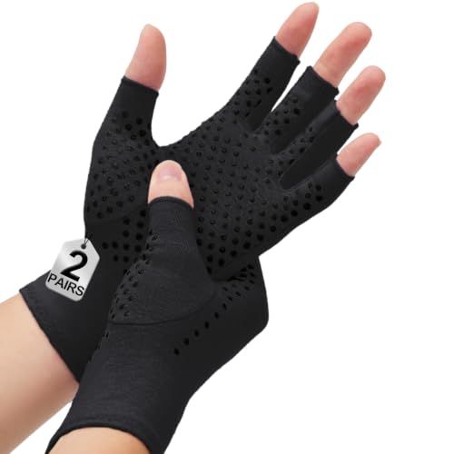 DRNAIETY 2 Pairs Compression Gloves- Arthritis Gloves for Men & Women Anti-Slip Fingerless for Typing Daily Work (M)