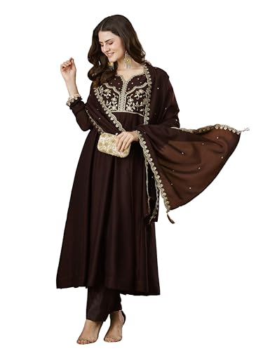 Image of MOKOSH Women's Silk Anarkali Kurta Pant with Dupatta | Anarkali Kurta Set | Embroidered | Ethnic Wear | Notch Neck Full Sleeve
