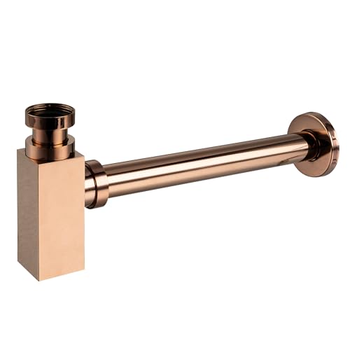 Aquauno - Siphon de lavabo carré en laiton rose doré G1 1/4 - Bonde universelle pour salle de bain - Siphon anti-odeurs - Hauteur réglable - Résistant à...