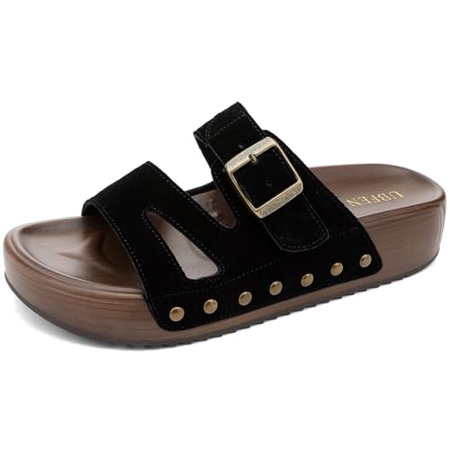 Image of UBFEN Womens Platform Slide Sandals | Real Leather,Buckle Sandals with Cushioned Flatform Footbed,Comfortable for Walking,Arch Support,Casual Styling