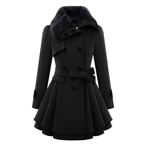 Maiyifu-GJ Womens Lapel Faux Fur Collar Wool Blend Trench Coat Vintage Double Breasted Long Jacket Casual Coat with Belt - Main Image