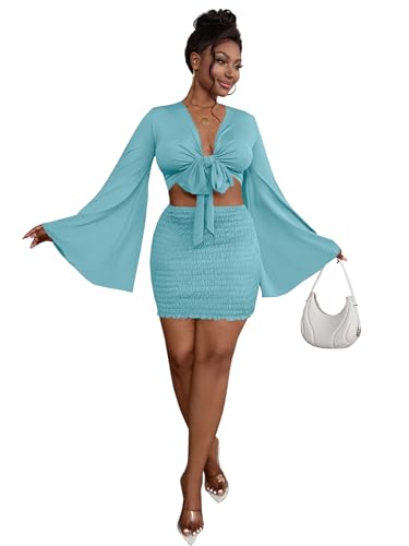 Image of LYANER Women 2 Piece Vacation Outfits Tie Knot Front Bell Long Sleeve Crop Top and Mini Skirt Summer Set