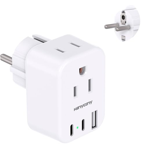 HANYCONY Type E F Plug Adapter, Germany France Travel Plug Adapter with 2 Outlets 3 USB Ports(2 USB...