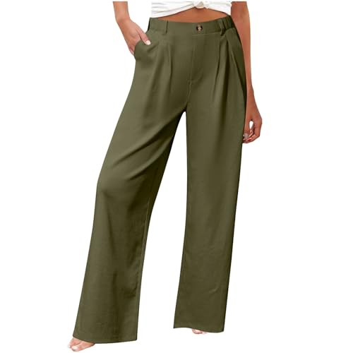 Womens Wide Leg Pants Casual Fashion Loose Fit Elastic High Waisted Trousers Summer Palazzo Beach Pant with Pockets Army Green