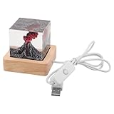 LOORGVEL Lámpara de noche con forma de cubo de resina con temática de volcán - Lámpara de volcán de 5 x 5 cm para dormitorio con base de madera y cable USB - de escritorio con efecto de