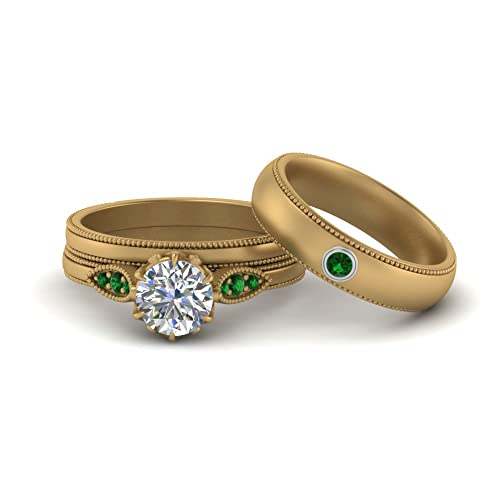 Image of Choose Your Gemstone Milgrain Matching Wedding Set for Couples Yellow Gold Plated Round Shape Wedding Ring Sets Matching Jewelry Wedding Jewelry Easy to Wear Gifts US Size 4 to 12