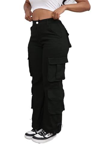 Cargo Pants for Women Wide Leg High Elastic Waist Casual Multi Pockets Drawstring Bottom Straight Y2k Trousers Black XXL