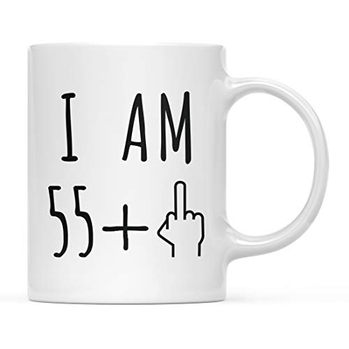 Andaz Press Funny 11oz. Coffee Mug Birthday Gag Gift, I Am 55 + 1 Middle Finger Graphic, 1-Pack, 56th Birthday Present Ideas for Him Her Coworker Friend