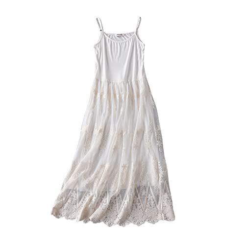 YM YOUMU Women Cotton Floral Lace Patchwork Full Slip Dress for Under Dress Extender 110 cm Length (Style 01-White, One Size)