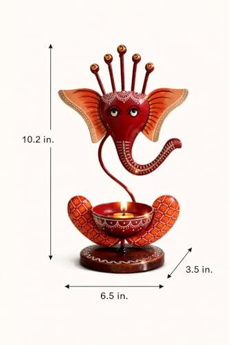 Image of Ganesha Iron Diya Holder - Handpainted Metal Tealight Candle Holder for Home Temple & Pooja Room | 11 Inch Decorative Showpiece, Diwali & Housewarming Gift (Red)