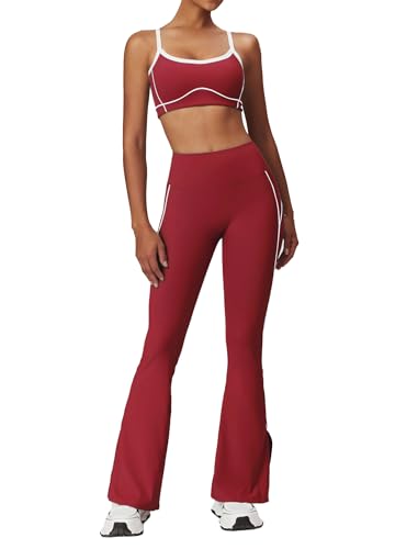 OMEWEE Yoga sets for women 2 piece Fashion contrasting lines Sports Bra and High Wasit Split hem Flared Leggings cherry red L