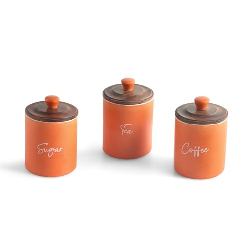 Image of ExclusiveLane 'London Diary' Airtight Ceramic Jars For Kitchen Storage With Wooden Lid Ceramic Containers For Pickle Cookies Sugar Dry Fruits (Set of 3, Airtight, 330 ml, 13.5 Cm, Orange & Brown)