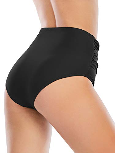 High Waisted Bikini Bottoms Ruched Tummy Control Swimsuits Bottoms Sexy Swim Bottom Bathing Suits For Women Solid Black M #TOP4