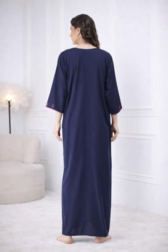 Image of Lissybissy Cotton Women Gown - Free Size with Side Pocket | Embroidery Full Sleeve Sleepwear | Loose Fit, Breathable, Comfortable & Soft Fabric Night Dress | Ideal for Gifting