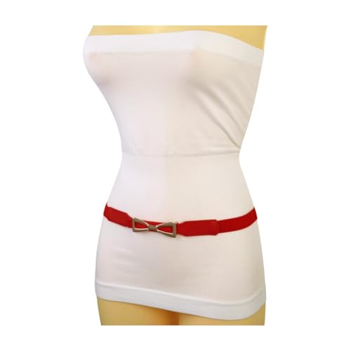 Women Red Skinny Fashion Belt - Faux Leather Narrow Waistband Gold Bow Buckle S M z2172