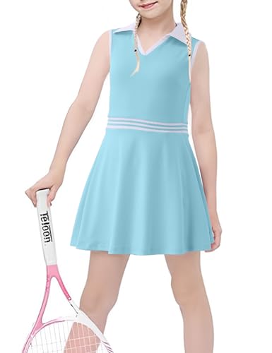 Image of Girls Tennis Dress Golf Outfit Sleeveless Athletic Dresses Polo V Neck Sport Skirt with Pockets 4-13Y