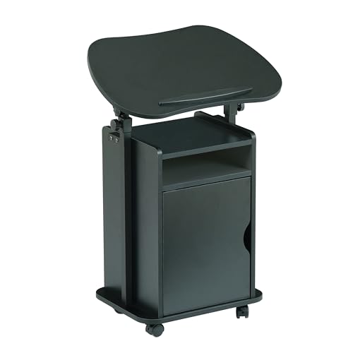Techni Mobili Adjustable Laptop Cart with Storage, Rolling Mobile Workstation Desk with Cabinet, Shelf & Locking Wheels. Height Adjustable Sit to Stand for Home Office, Bedside, or Classroom (Black)