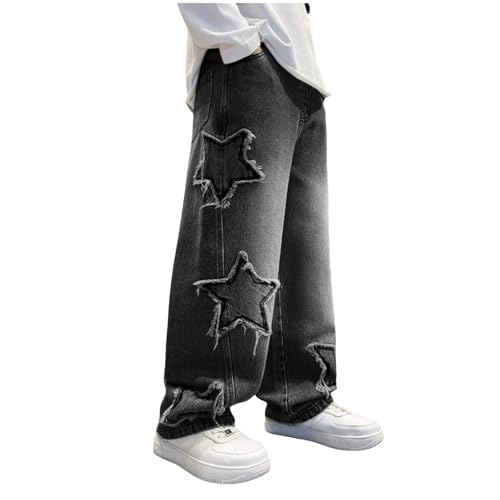 Boys Y2K Jeans Aesthetic Streetwear Star Graphic Hip Hop Baggy Denim Pants Straight Fit Ripped Jean with Pockets