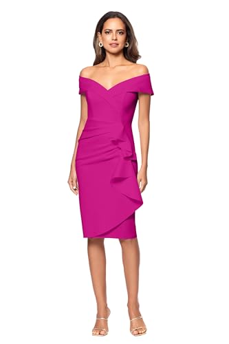 Image of Xscape Women's Bodycon Midi Off-The-Shoulder Ruffle Dress with Center Back Zipper, Petite & Plus Size
