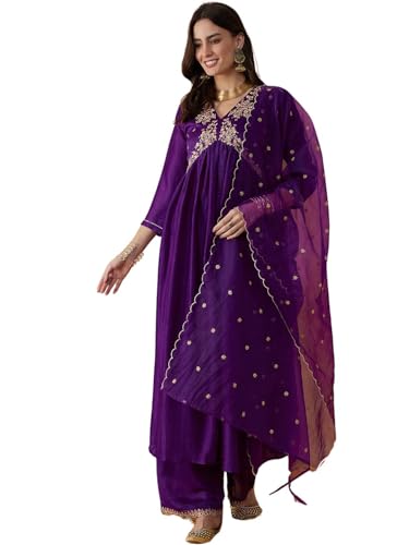 Image of Amayra Rayon Women's Embroidered Alia Cut Kurta With Pant And Dupatta Set
