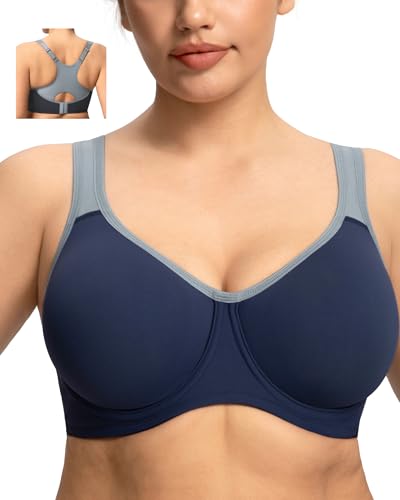 HSIA Sports Bra for Women High Support Large Bust Outside Underwire Adjustable Racerback Unlined Full Coverage Sports Bra Dark Blue