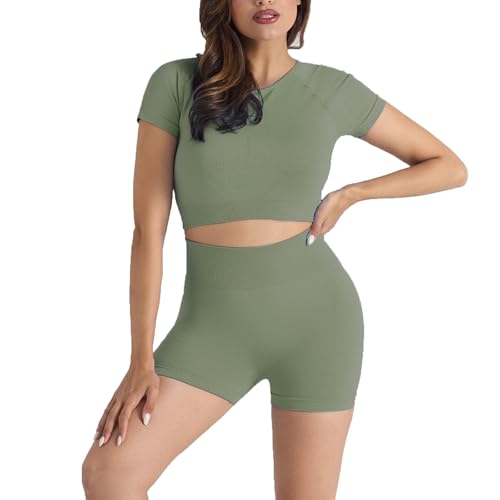 Workout Sets for Women 2 Piece Square Neck Long Sleeve Crop Tops High Waist Biker Shorts Gym Set 2025 Fashion Clothes Outfits Green