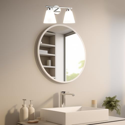 Image of Hamilyeah Modern Chrome Bathroom Vanity Light Fixture Over Mirror, 2 Light Vanity Lighting Fixture with Frosted Glass Shade, Silver Wall Sconce Lighting for Bath, Bedroom, Kitchen, Hallway