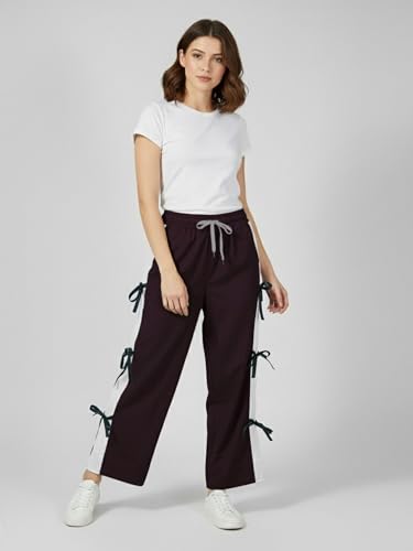 Image of ADDYVERO Women Lose Fitting Side Pockets & Ribbon Detailing High Waisted Casual Cargo Pant (Maroon, 34)