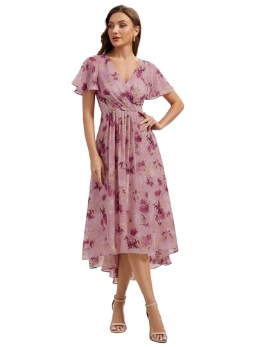 Image of Ever-Pretty Women's Wedding Guest Dress Chiffon Midi Polka Dot V-Neck High-Low Hem Floral Casual Dresses Light Purple Print 16