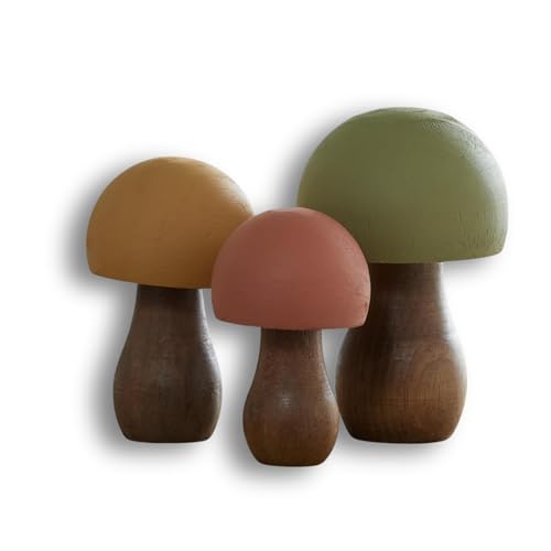 Image of Wood Mushrooms, set of 3, yellow orange, custom colors, charming nature inspired gift, cottagecore, wooden mushrooms, whimsy, home decor, hand painted, (Woodland Paint 3)