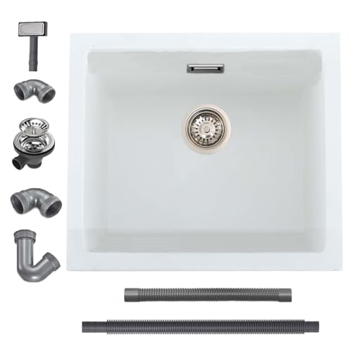 Image of iAnomla Quartz White Kitchen Sink, 50x45cm/20x18in, Composite Inset/Undermount Kitchen Sink Waste Kit,Single Bowl Commercial with Overflow, Suitable for Workstation