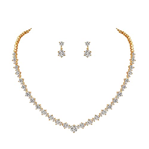 WeimanJewelry Silver/Gold Plated Women Cubic Zirconia Round Cut CZ Bridal Necklace and Drop Earring Set for Bride Wedding (Gold)