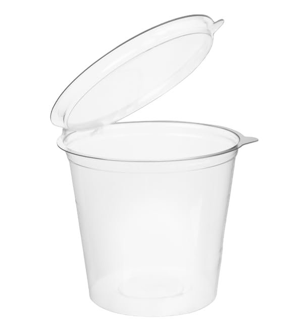 Monouso | 180 Tarrina Redonda con Tapa Bisagra 1000ml, Ø13,4cm, PET, Salsas, Biodegradables, Envases para Comida, Comercio, Multiuso